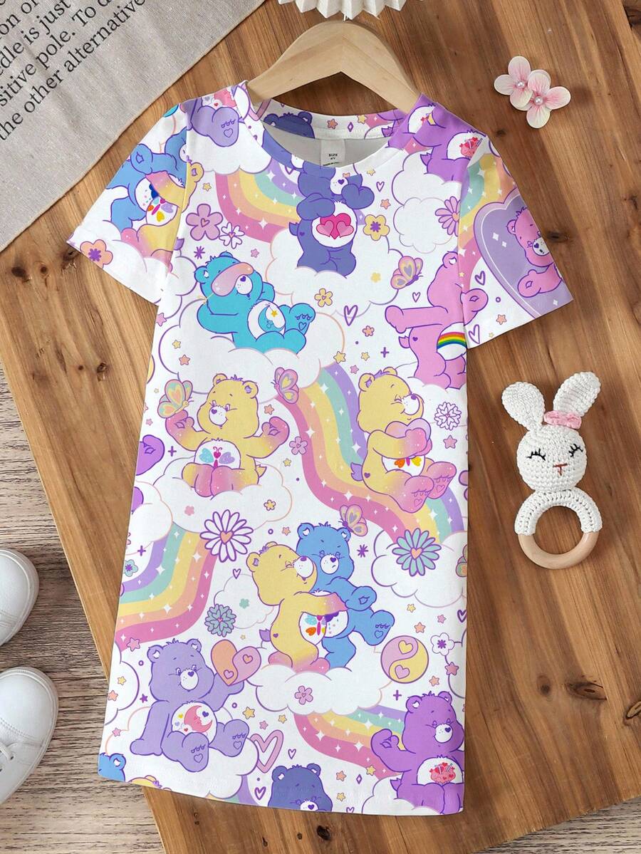 SHEIN X Care Bears Young Girl Cartoon Bear Pattern Round Neck Short Sleeve T-Shirt - White - View 1