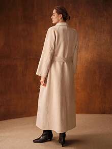 MOTF PREMIUM 羊毛瀑布领双排扣长款大衣，秋冬 - 米色 - 查看 4