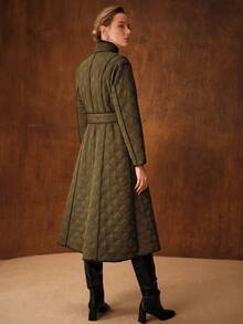 MOTF PREMIUM 女士高领撞色滚边系带长款绗缝冬装外套 - 軍綠色 - 查看 4