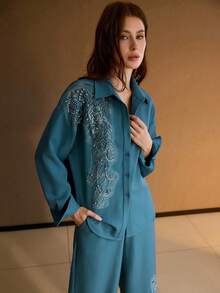 MOTF PREMIUM Bộ 2 áo blouse và quần đính hoa thanh lịch dành cho nữ - Màu xanh lam - Xem 4