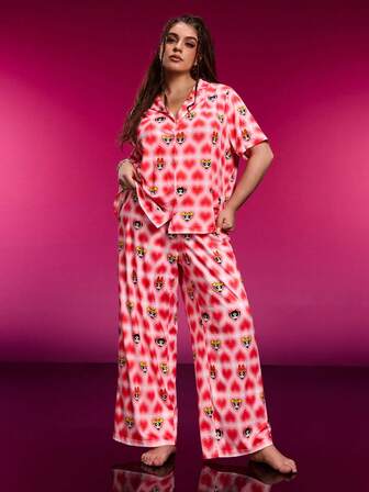 THE POWERPUFF GIRLS X SHEIN 大码夏季休闲爱心花朵、泡泡、毛茛图案短袖上衣和裤子睡衣套装，水果睡衣，樱桃睡衣，两件套女士夏季睡衣，女士夏季睡衣套装