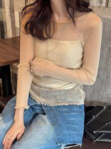 FRIFUL 女士秋季薄纱圆领荷叶边网纱修身长袖衬衫 - 杏色 - 查看 4