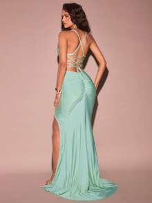 Glamine Vestido largo con abertura alta, cintura alta, parches de lentejuelas y espalda descubierta, vestido de graduación, vestido de verano para mujeres