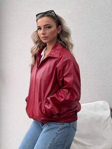 Jeta Ari Drop Shoulder Zip Up Black PU Jacket In Fall/Winter - Red - View 1