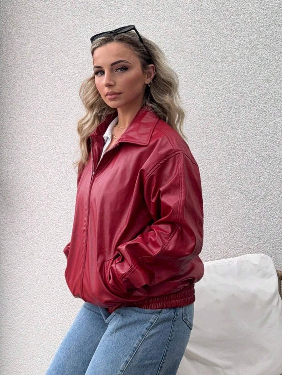 Jeta Ari Drop Shoulder Zip Up Black PU Jacket In Fall/Winter - Red - View 1