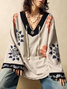 Bohemela 女士休闲宽松复古时尚抽绳喇叭袖上衣 - 杏色 - 查看 1