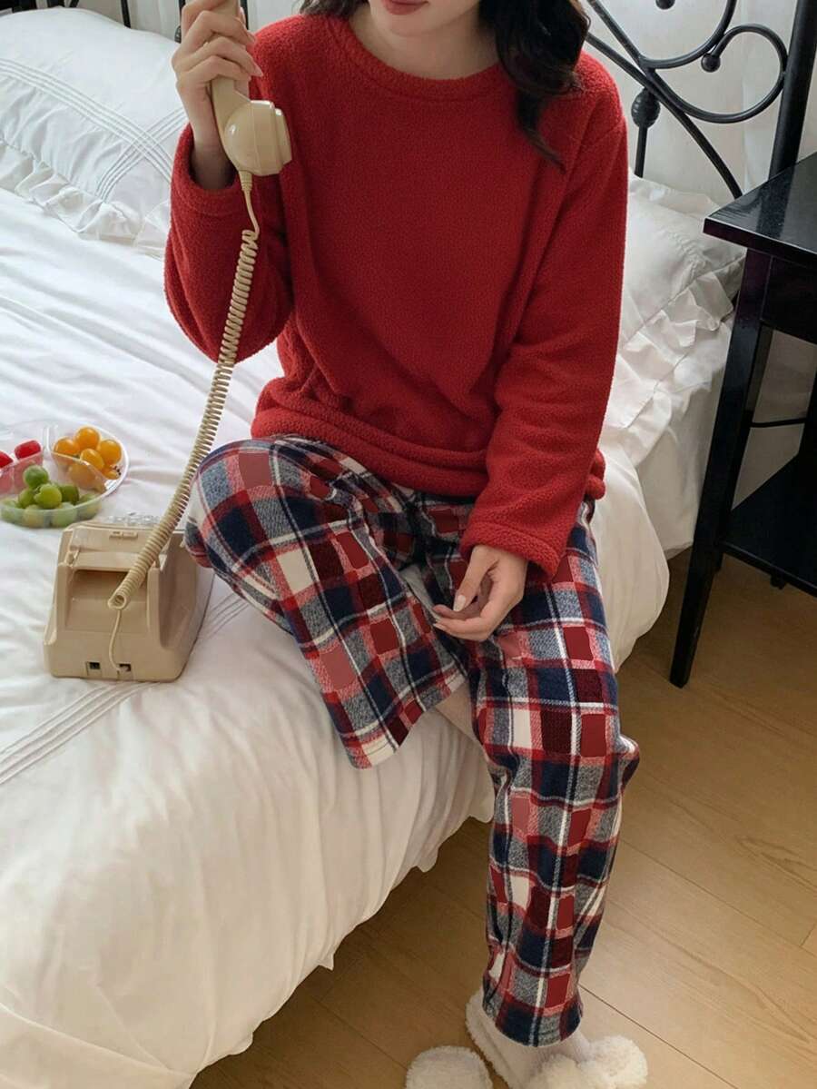 2 件女童格子羊毛长裤和长袖休闲睡衣套装，兄弟姐妹装搭配服装（2 套单独出售） - 紅色 - 查看 1