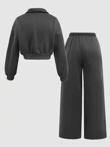 SHEIN Conjunto de 2 piezas de sudadera con cuello alto con cremallera, bordado de lazo y pantalones rectos con forro térmico para niñas preadolescentes, estilo de moda callejera casual, otoño/invierno - Gris Oscuro - Ver 6