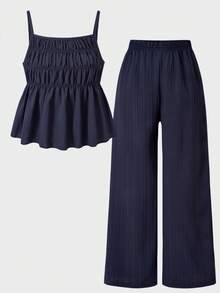 Tween Girl Casual Sweet Crinkle Textured Shirred Elastic Camisole Top Paired With Loose Wide Leg Pants 2 Pieces Set, Suitable For Daily, Vacation, Sisters Photo, Spring/Summer Outfit Clothes,Holiday,Summer,Travel