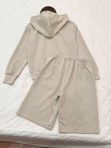 Franclia Women's Solid Color Long Sleeve Drawstring Hooded Sweatshirt And Shorts Casual 2-Piece Set, Autumn - Apricot - View 2