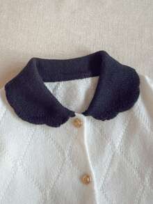 PrepCrw 1pc Tween Girls Elegant Urban Party Versatile Comfortable Warm Black Collar Colorblock Long Sleeve Knit Cardigan, Suitable For Casual Outings, Gatherings, Holidays, Parties, Autumn/Winter