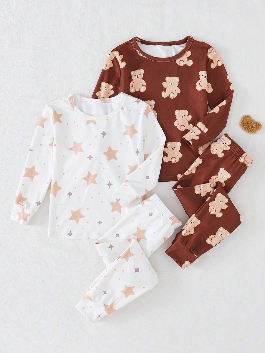 THE HAPPY LOOK 4件套女童卡通动物印花针织柔软圆领长袖上衣和松紧腰长裤贴身睡衣套装 - 彩色 - 查看 1