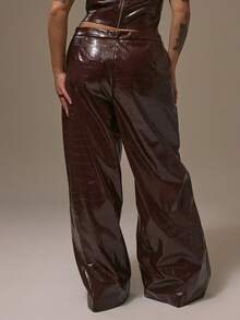 MUSERA Plus Wide Leg Pu Animal Leather Jeans Autum Party Curve - Red - View 4