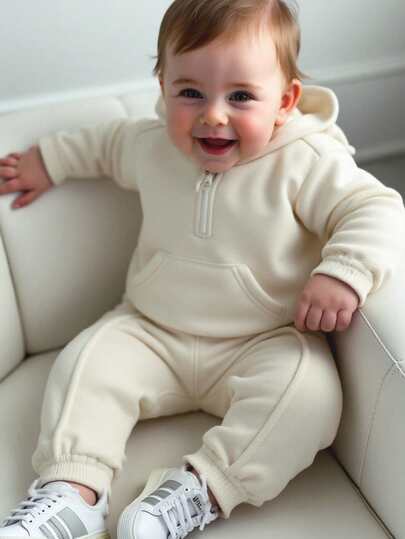 SHEIN 2pcs/Set Baby Boys' Hooded Zip-Up Sweatshirt And Jogger Pants Set, Long Sleeve Pullover Hoodie With Pocket And Elastic Waist Casual Pants, Suitable For Everyday Wear, Holiday, School, Autumn/Winter Baby Neutral Clothing Baby Sweatsuit Baby Zip Up Hoodie Fall