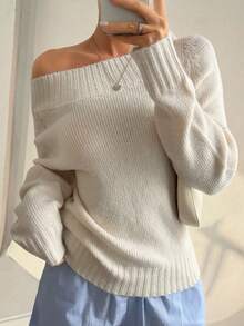 DAZY 女士秋冬不对称露肩修身套头长袖休闲毛衣，优雅露肩设计 - 米色 - 查看 1