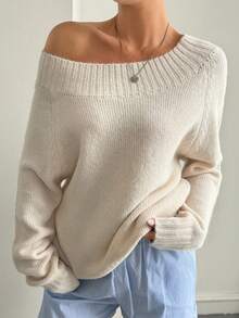 DAZY 女士秋冬不对称露肩修身套头长袖休闲毛衣，优雅露肩设计 - 米色 - 查看 3