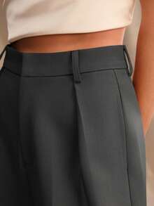 Anewsta Tall Elegant Stylish Pleated Design Deep Grey Women's Straight Leg Pants With Pockets, Suitable For Tall, Fall, Winter, Summer, Spring, New Year, Party, Wedding, Elegant, Chic, Stylish, Business Casual, Going Out - Dark Grey - View 2