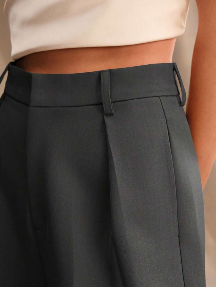 エレガントでスタイリッシュなプリーツデザイン ディープグレーの女性用ストレートレッグパンツ ポケット付き、背の高い人、秋冬春夏、新年会、パーティー、結婚式、エレガント、シック、スタイリッシュ、ビジネスカジュアル、外出に適しています