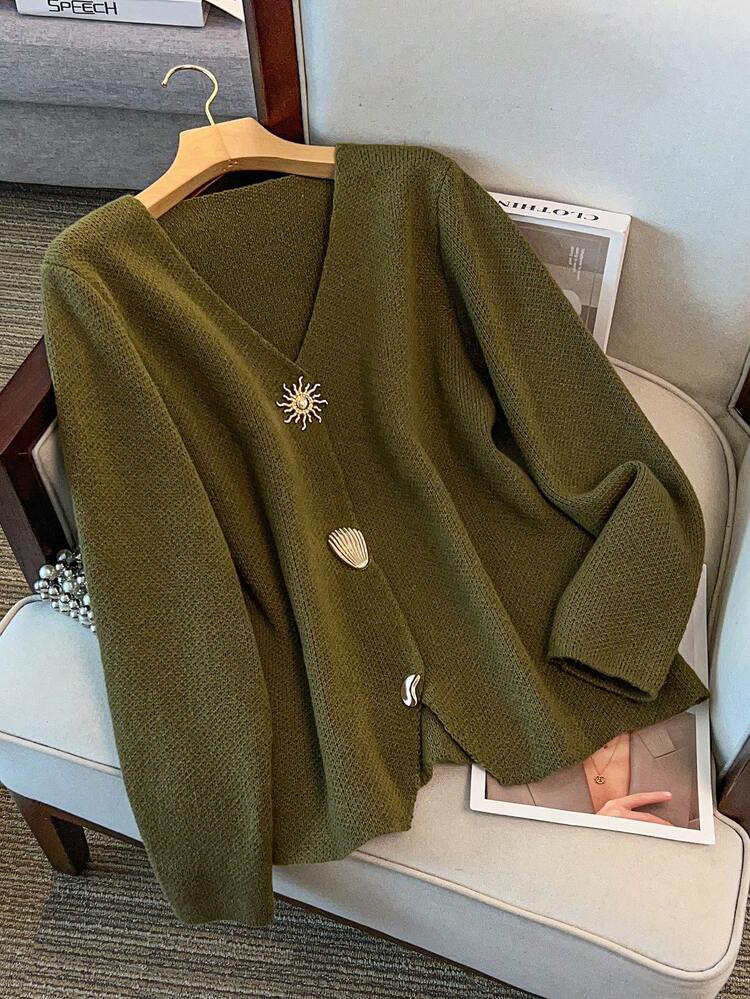 GlowEve CURVE Autumn/Winter New Casual Loose Fit V-Neck Long Sleeve Cardigan, Featuring Unique Sunflower & Shell Metal Decor, Asymmetrical Curved Hem, Women Holiday St Patricks Day - Army Green - View 3