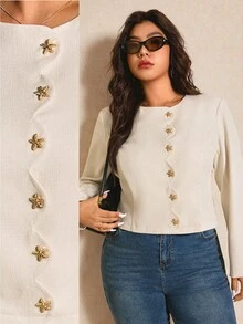 Elaquor Damen Große Größen Bluse mit Metallseesteindekoration, Rundhalsausschnitt, Langarm, Modisch - Aprikosenfarben - Übersicht 1