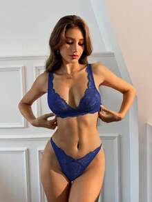 Aloruh 女士日常性感蕾丝无钢圈文胸套装 - 藏蓝色 - 查看 5