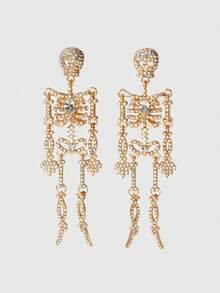 ROMWE Goth 2pcs Fully Rhinestone Halloween Skull Earrings, Suitable For Daily Wear - Gold - View 1