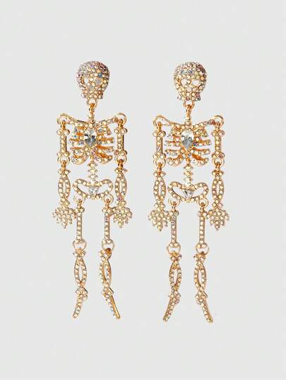 ROMWE Goth 2pcs Fully Rhinestone Halloween Skull Earrings, Suitable For Daily Wear