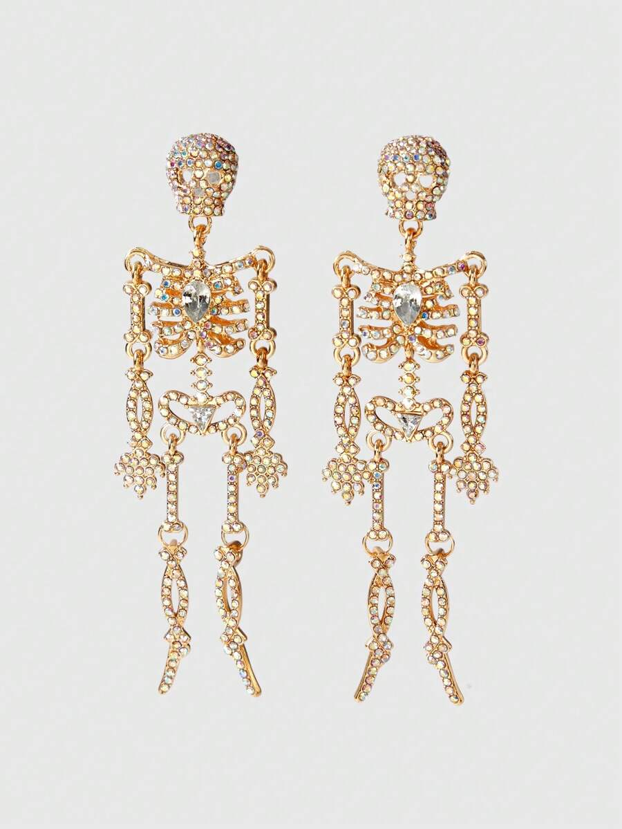 ROMWE Goth 2pcs Fully Rhinestone Halloween Skull Earrings, Suitable For Daily Wear - Gold - View 1