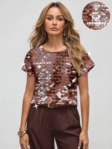 Shutterstock Glamance 棕色亮片休闲简约女式圆领衬衫，闪亮派对上衣，新年亮片女式金属闪光上衣 - 彩色 - 查看 5