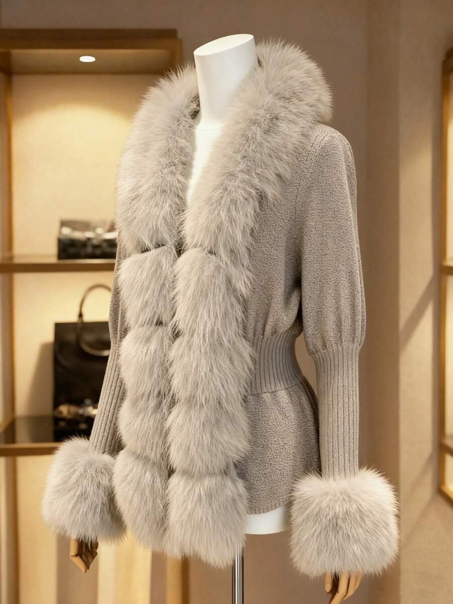 Franclia 女士卡其色秋季时尚气质V领直肩长袖毛领拼接毛绒袖口拼接针织无扣高端肩带修身百搭短款开衫，适合秋冬季节、圣诞节、新年和感恩节等场合穿着。 - 卡其色 - 查看 1