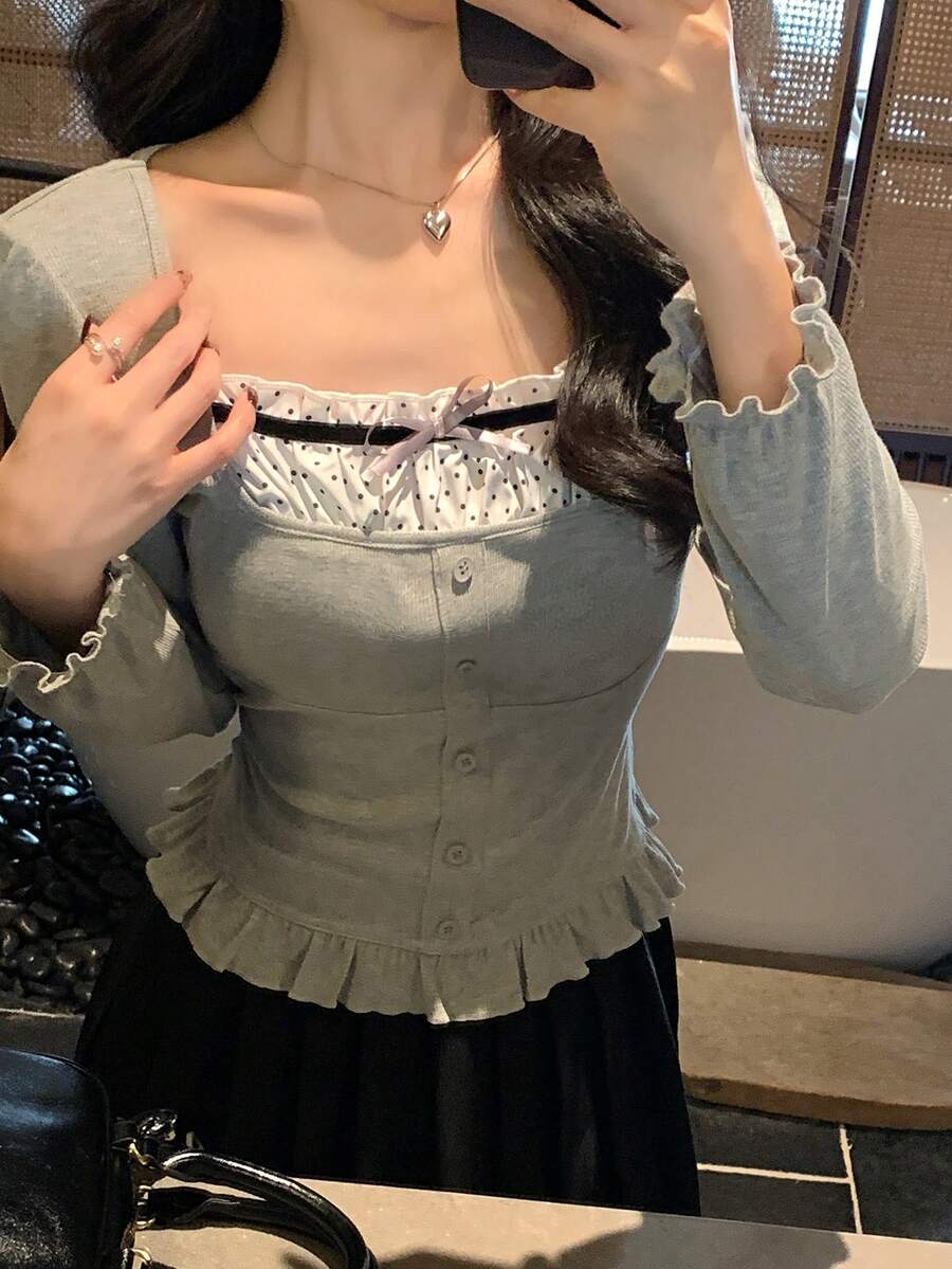 DAZY 女士休闲撞色蝴蝶结短袖T恤 长袖女款 - 灰色 - 查看 1