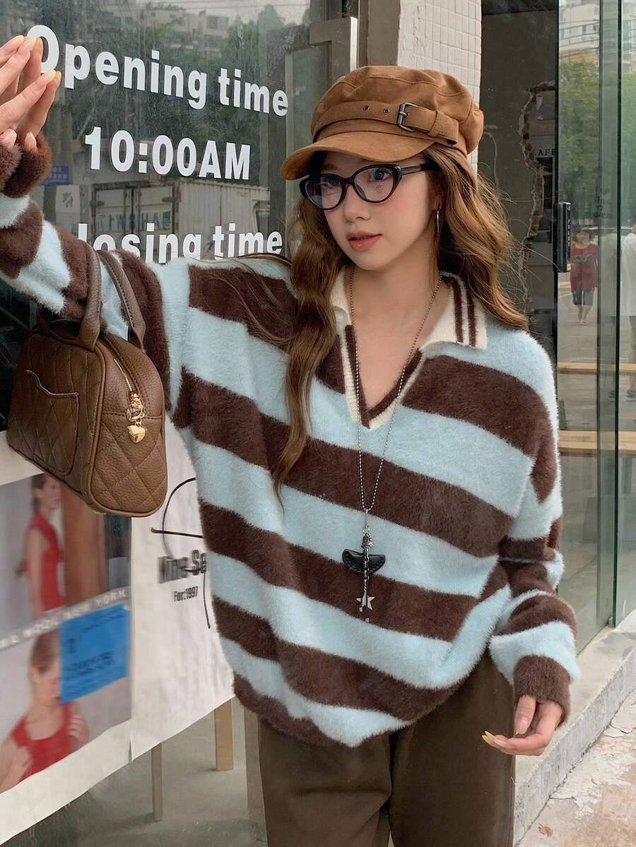 DAZY 女士条纹韩版休闲长袖毛衣，秋冬