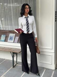 SHEIN EZwear Pantalon large noir polyvalent et pour le travail, pantalon habillé pour femme, printemps - Noir - Voir 5