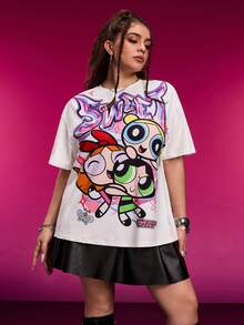 THE POWERPUFF GIRLS X SHEIN 大码女式休闲时尚街头风日常通勤趣味可爱花朵、泡泡、毛茛图案落肩宽松白色T恤 - 白色 - 查看 4