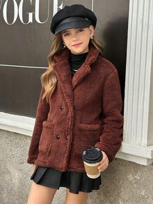 Tween Girl Fashionable Versatile Solid Color Double-Breasted Jacket, Autumn/Winter - Multicolor - View 3