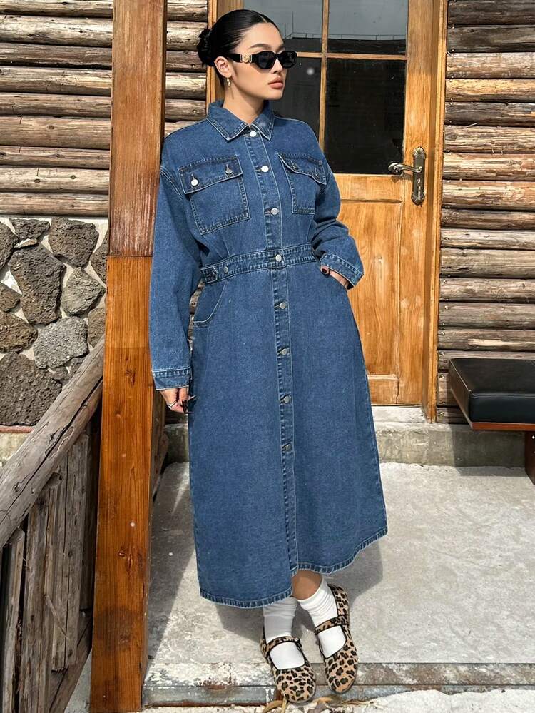 Dazy Plus Plus Size Women Casual Washed Blue Denim Dress With Collar, Pockets, Waist Cinched, Front Slit, Suitable For Spring And Autumn