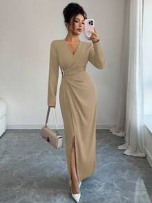 Elenzga Đầm dài ôm sát cổ bẻ cho nữ, màu trơn, đa năng khi đi làm và đi chơi, mùa xuân/thu - Màu Khaki - Xem 7