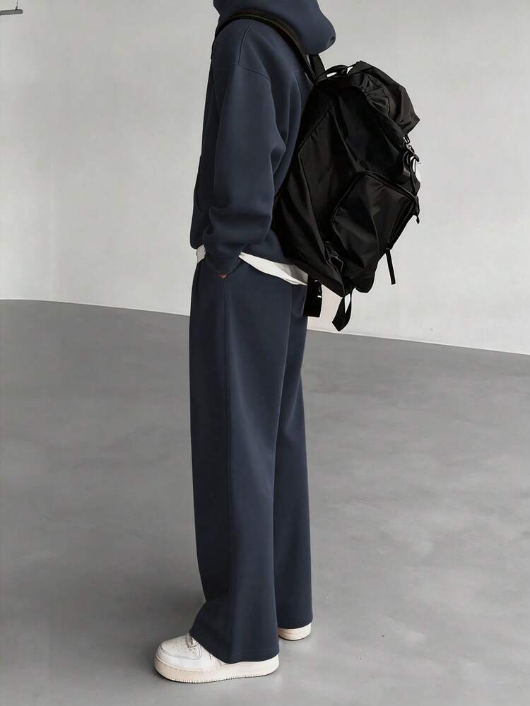 Navy Blue Men's Hooded Solid Color Sweatsuit Set, Autumn/Winter