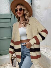 SHEIN Frenchy Women's Casual Contrast Color Button Front Dropped Shoulder Cardigan, Autumn/Winter,Sweaters For Women - Camel - View 4