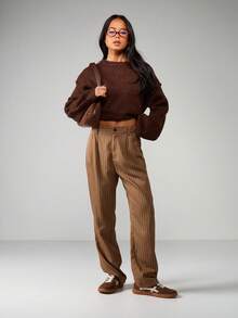 MISSGUIDED Quần ống rộng kẻ sọc cạp cao, xếp ly, phong cách cổ điển, thường ngày cho công sở, mùa thu đông - màu nâu - Xem 5