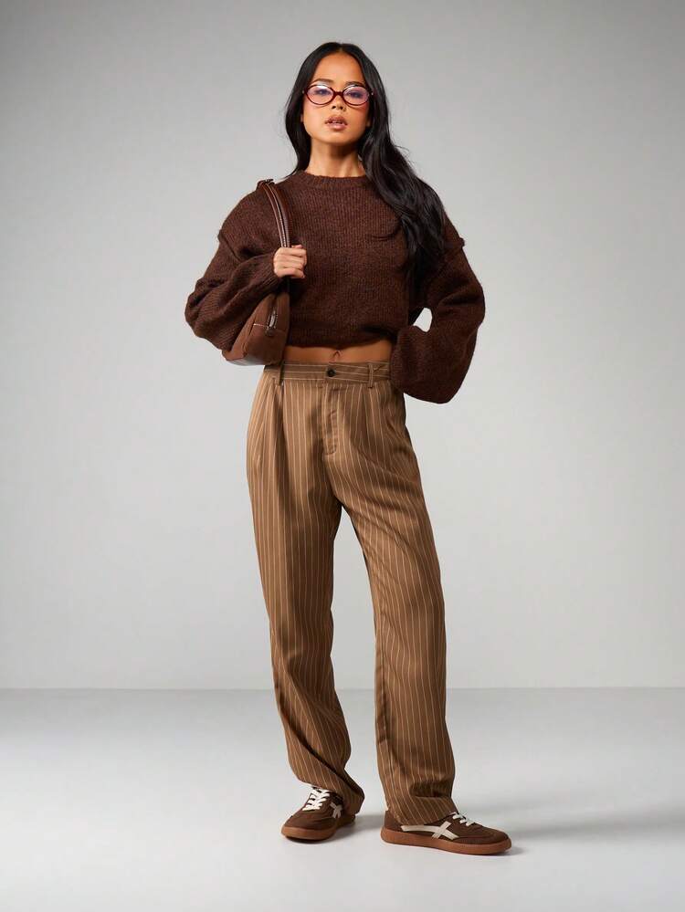 MISSGUIDED High Waist Pinstripe Pleated Trousers Office Wide Leg Pants Vintage Style Business Casual Fall Winter Workwear