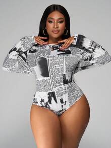 SHEIN PETITE CURVE Plus Size Newspaper Print Slim Fit Bodysuit - Multicolor - View 5