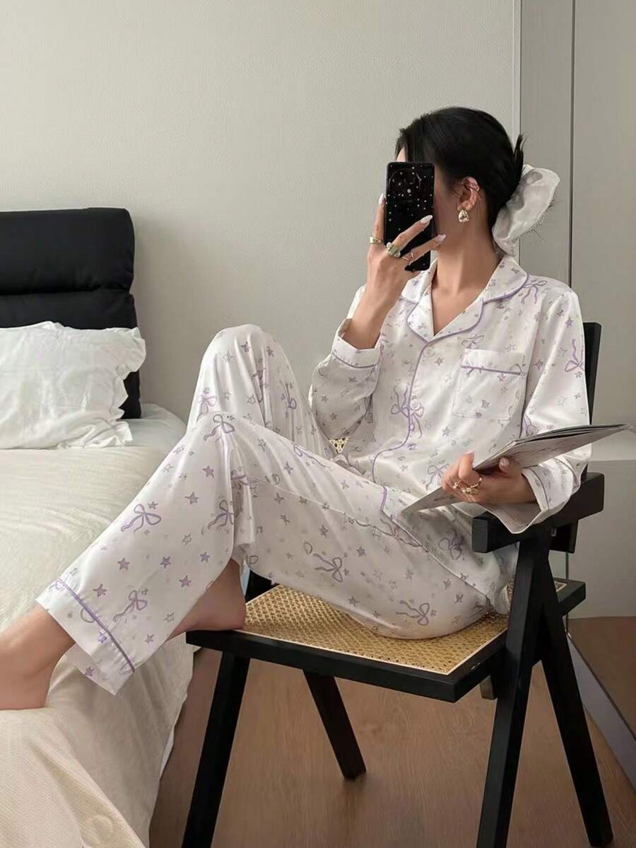 2pcs/Set Girls Cute Bow & Star Print Long Sleeve Cardigan And Pants, Comfortable Casual Loungewear Purple Pajamas Set - White - View 1