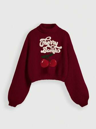 Fairycore Plus Size Women's Mori Girl Style Adorable High Neck Cherry Embroidery Logo Lantern Sleeve Pullover Sweater