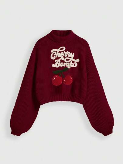 Fairycore Suéter holgado de cuello alto con bordado de cerezos y mangas farol para mujer talla grande, estilo Mori Girl