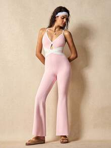 VARSIVA Jumpsuit Kaki Lebar Modis dengan Detail Lubang Warna Kontras - MultiWarna - View 4