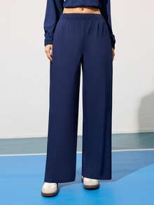 CourtClass Women's Loose Fit Yoga/Workout Pants Navy Blue Pants Wide Leg Trousers - Navy Blue - View 3