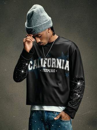 AXEPEAK Camiseta casual de hombre con estampado de letra de rhinestone, otoño