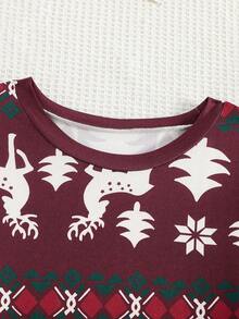 1 Set Merry Christmas Women's Pajamas, Burgundy Long Sleeve Top With Red Reindeer, Green & Red Snowflake, Red & White Geometric Pattern, Matching Pants, Soft & Comfortable Stretchy Knit Fabric, Machine Washable, Relaxed Fit, Family Matching Outfits (Sold Separately In Sets Of 3), Winter Clothes - Multicolor - View 5