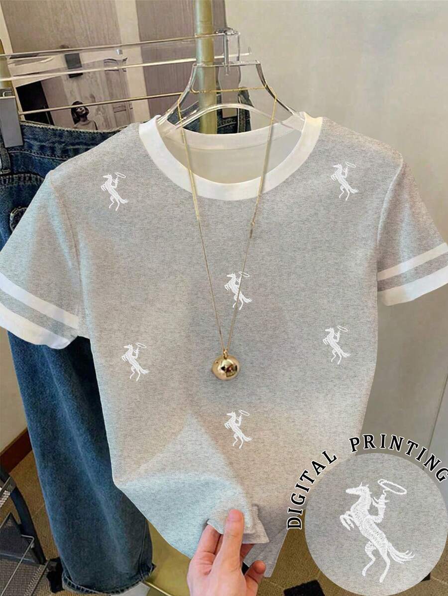 Resyla Damen Rundhals Kontrast Saum Kurzarm Lässig Kreativ T-Shirt - Verschiedenfarbig - Übersicht 1